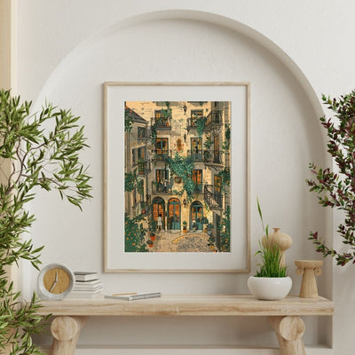 Sunlit French Village Courtyard and Balcony Digital Wall Art