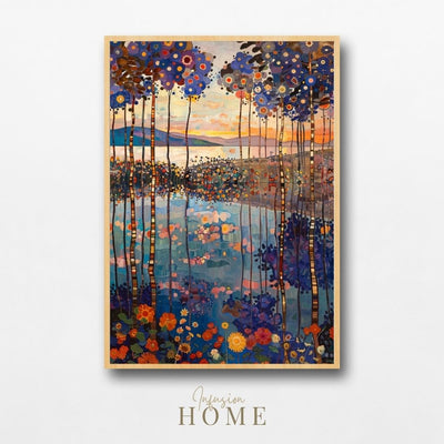 Sunset Meadow with Blue Trees and Wildflowers