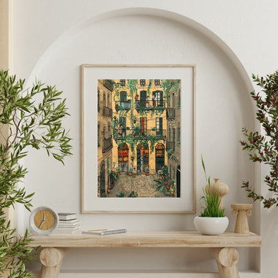 Tranquil French Inner Botanical Village Courtyard Scene Digital Print