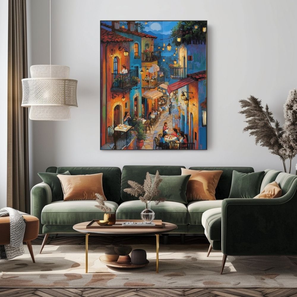 Moonlit Village Feast with Colorful Street Dining and Glowing Windows Printable