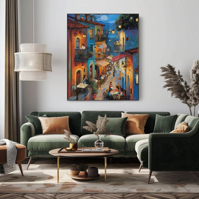 Moonlit Village Feast with Colorful Street Dining and Glowing Windows Printable