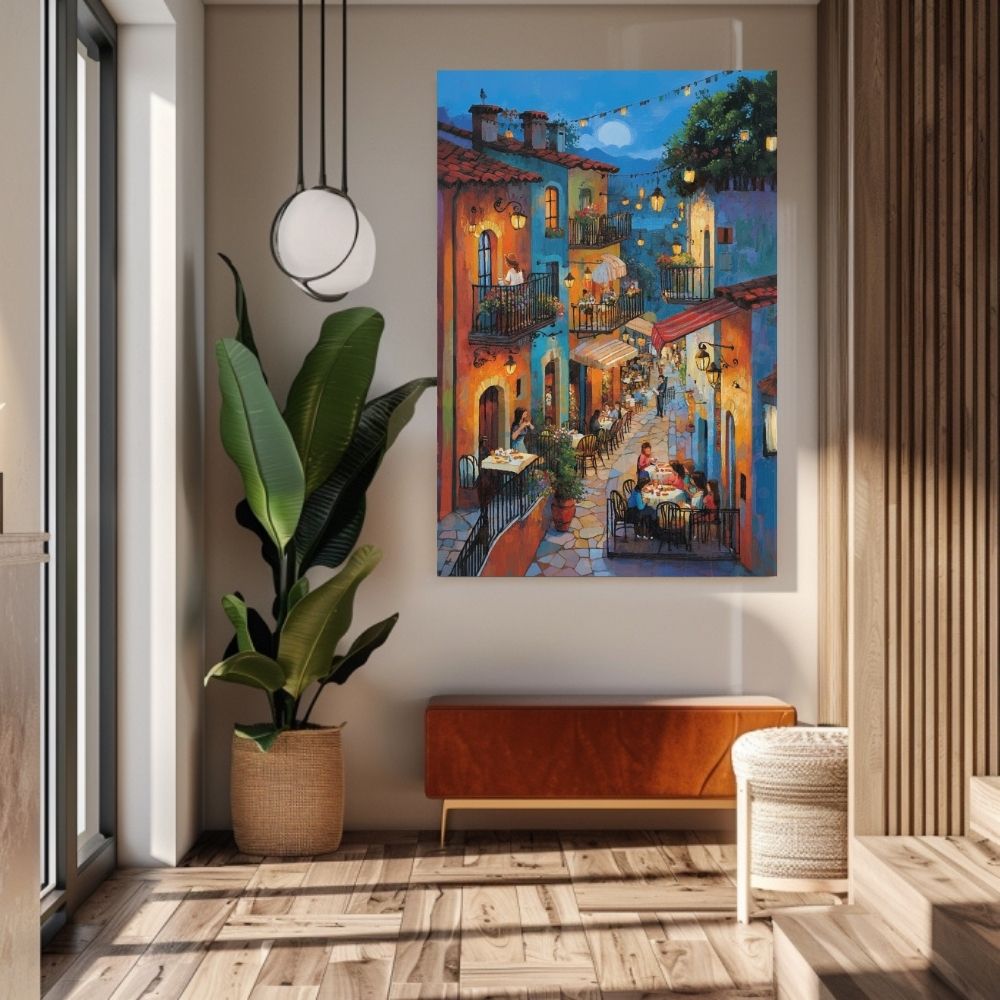 Moonlit Village Feast with Colorful Street Dining and Glowing Windows Printable