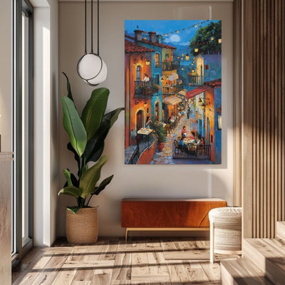 Moonlit Village Feast with Colorful Street Dining and Glowing Windows Printable