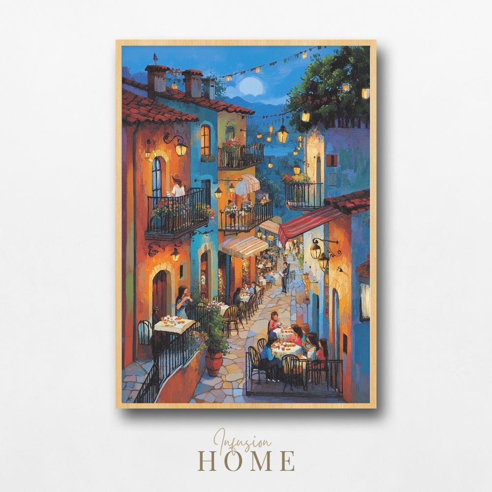 Moonlit Village Feast with Colorful Street Dining and Glowing Windows Printable