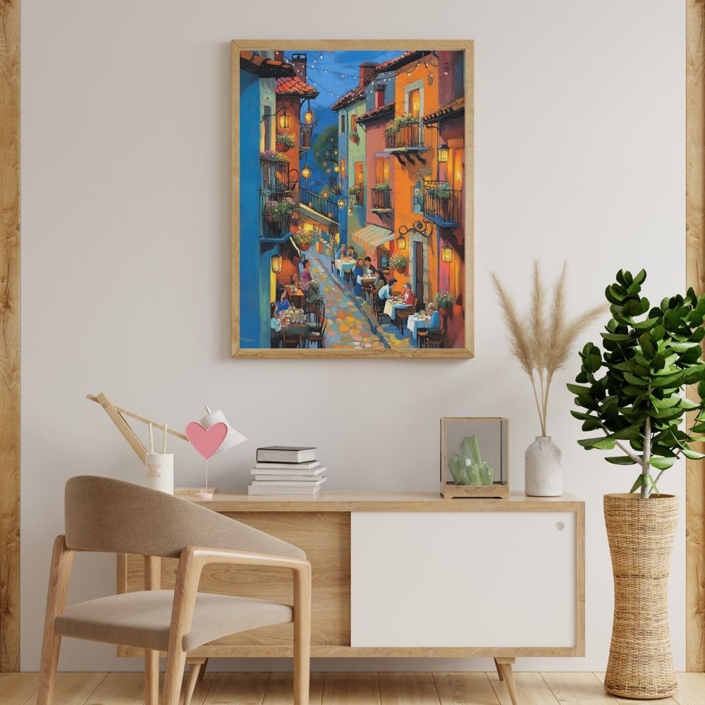 Twilight Cafe Street with Glowing Lanterns Digital Art