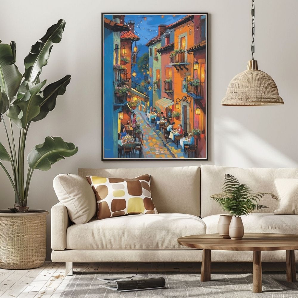 Twilight Cafe Street with Glowing Lanterns Digital Art