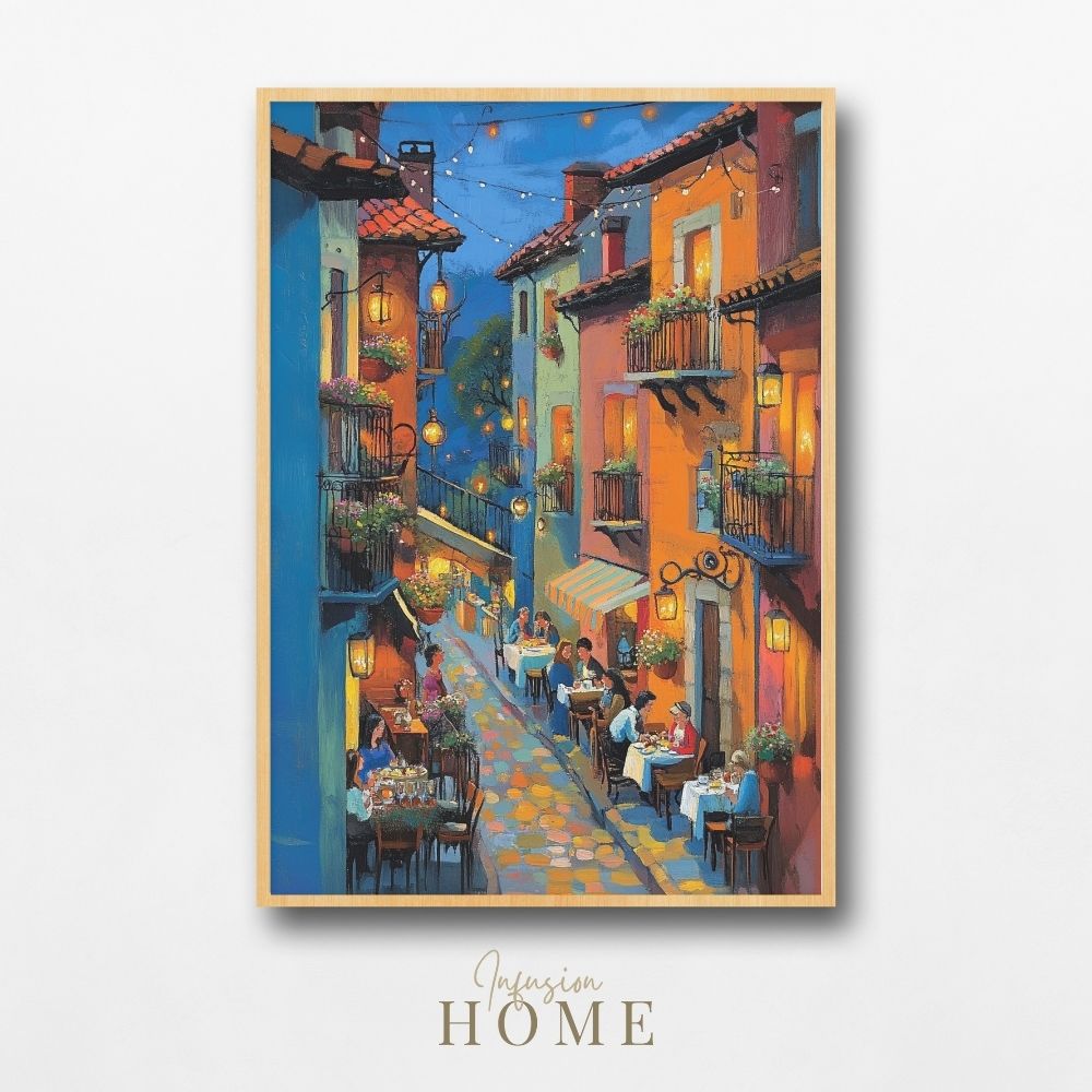 Twilight Cafe Street with Glowing Lanterns Digital Art