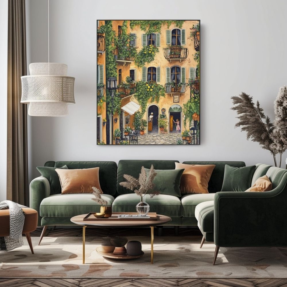 Sunlit French Courtyard Haven with Pastel Walls and Hanging Ivy Digital Download