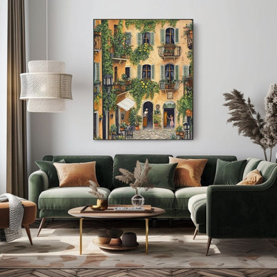 Sunlit French Courtyard Haven with Pastel Walls and Hanging Ivy Digital Download