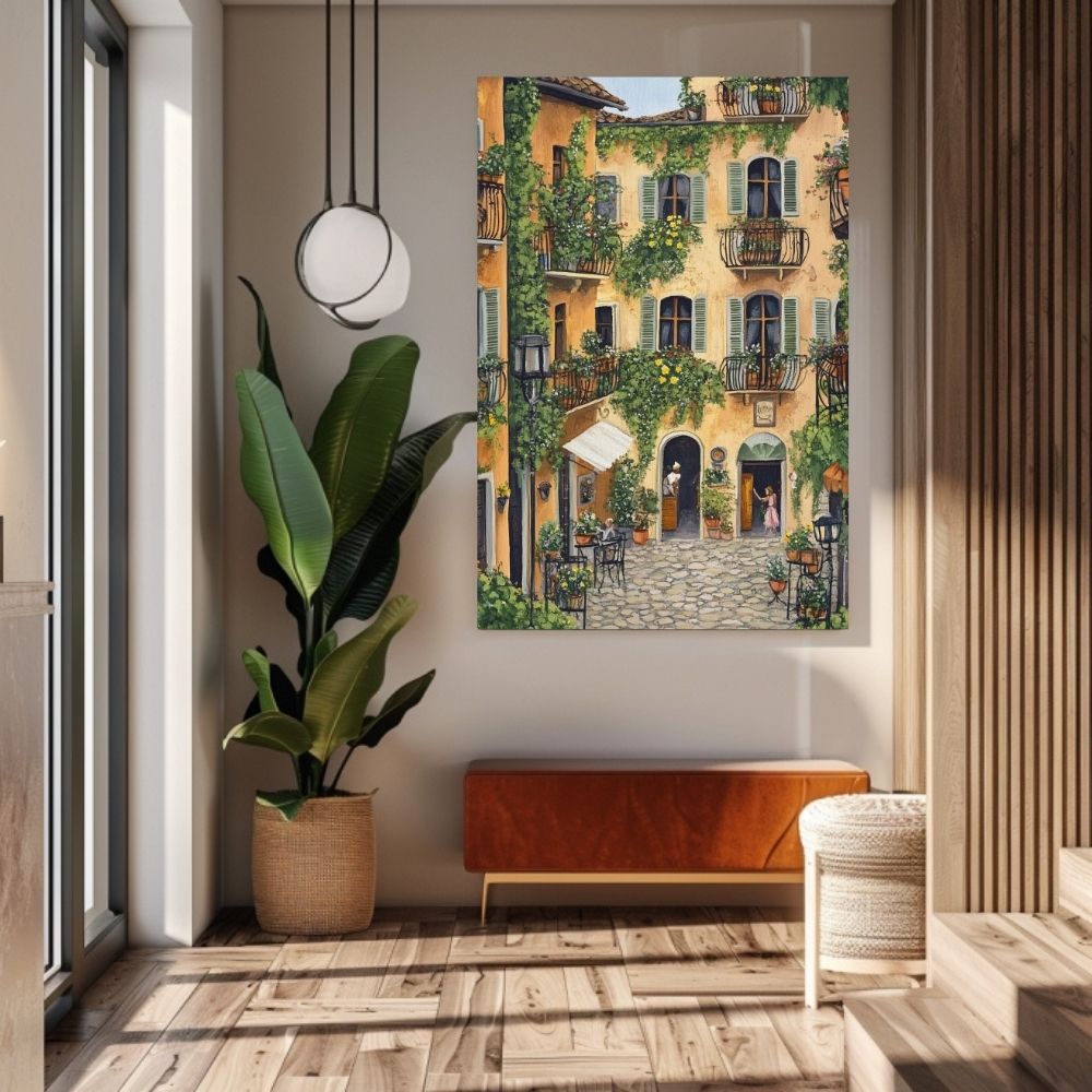 Sunlit French Courtyard Haven with Pastel Walls and Hanging Ivy Digital Download