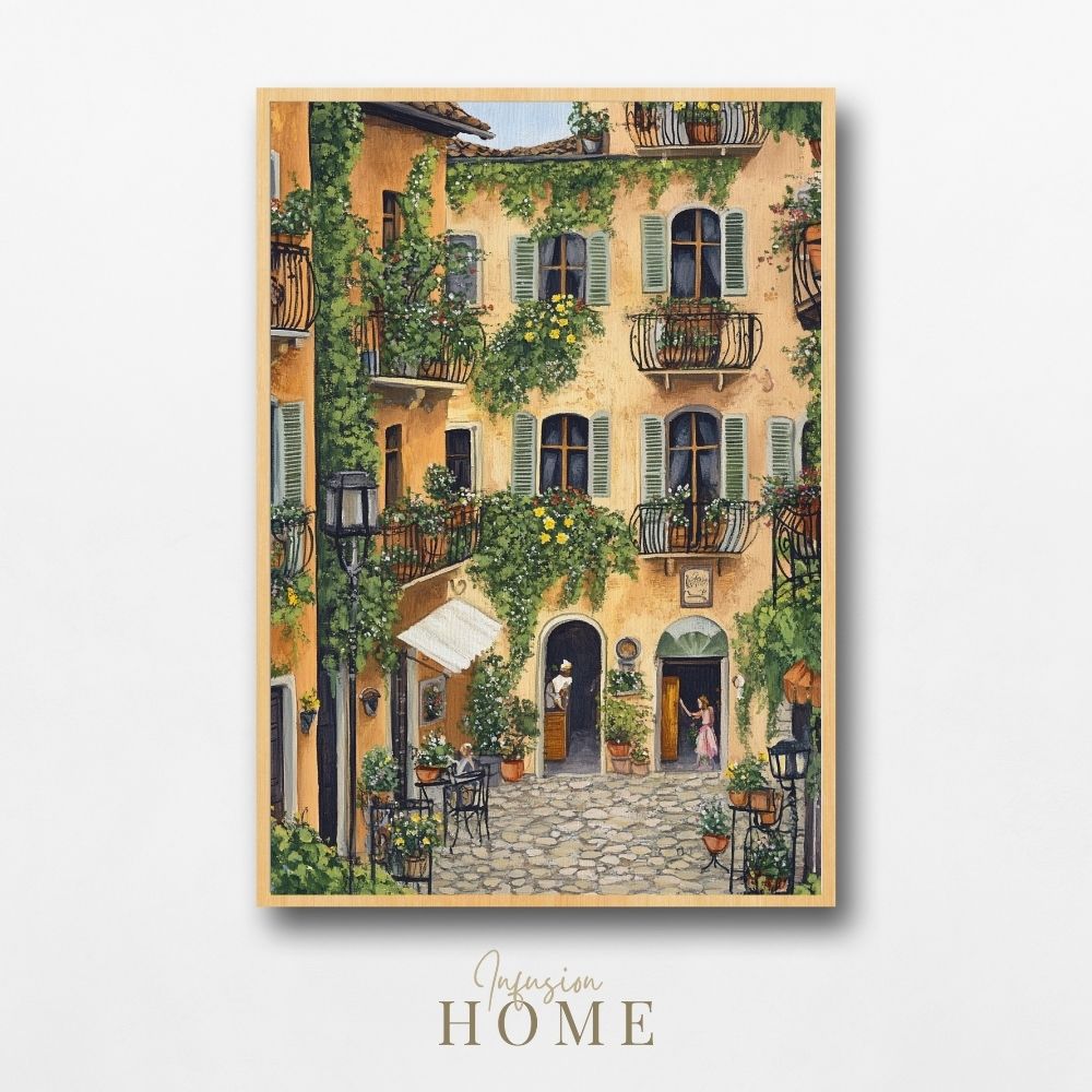 Sunlit French Courtyard Haven with Pastel Walls and Hanging Ivy Digital Download