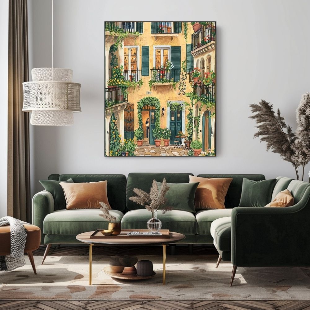 Charming European Courtyard Garden with Green Shutters and Ivy