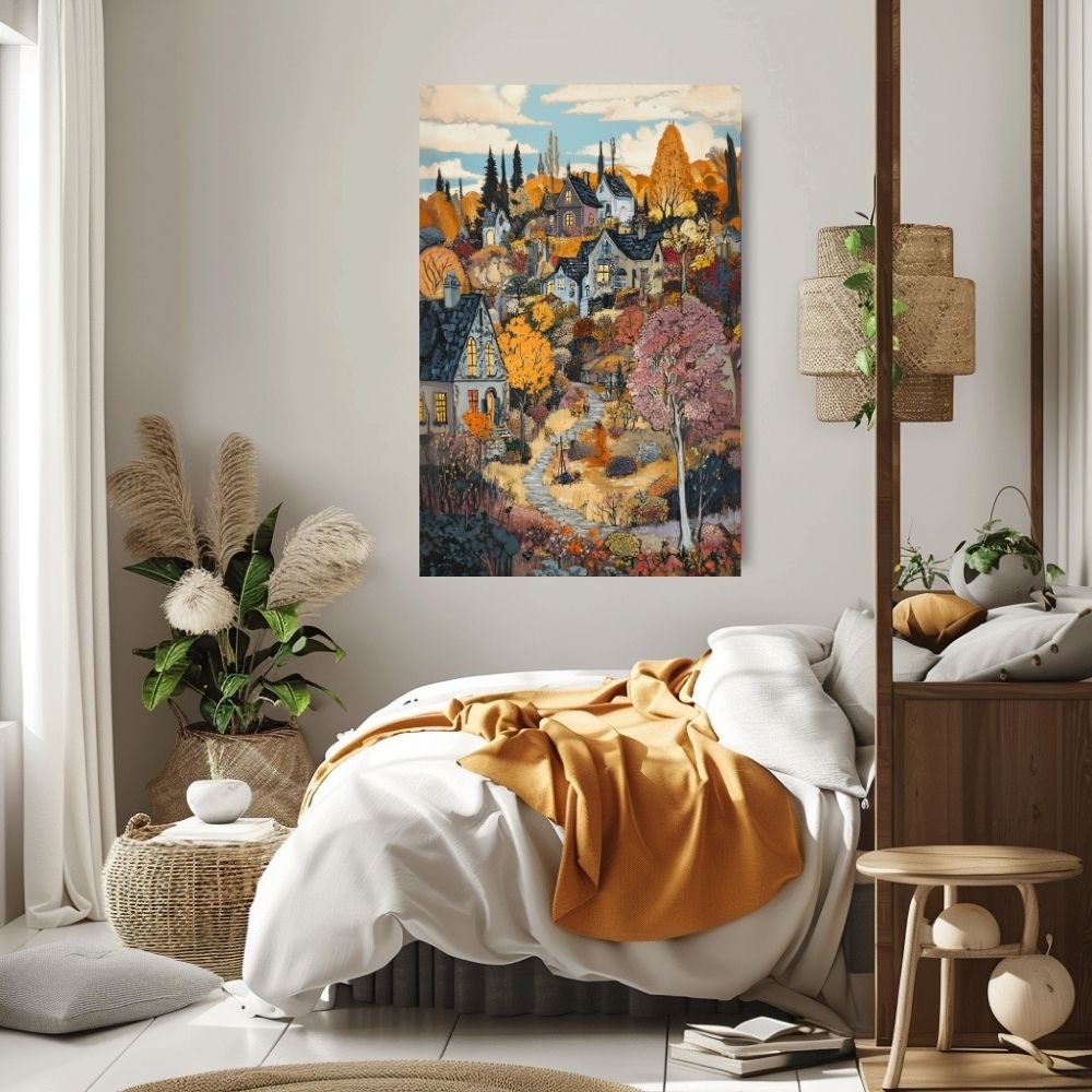 Charming Village Retreat – Autumn-Inspired Landscape Art Print - Infusion Home