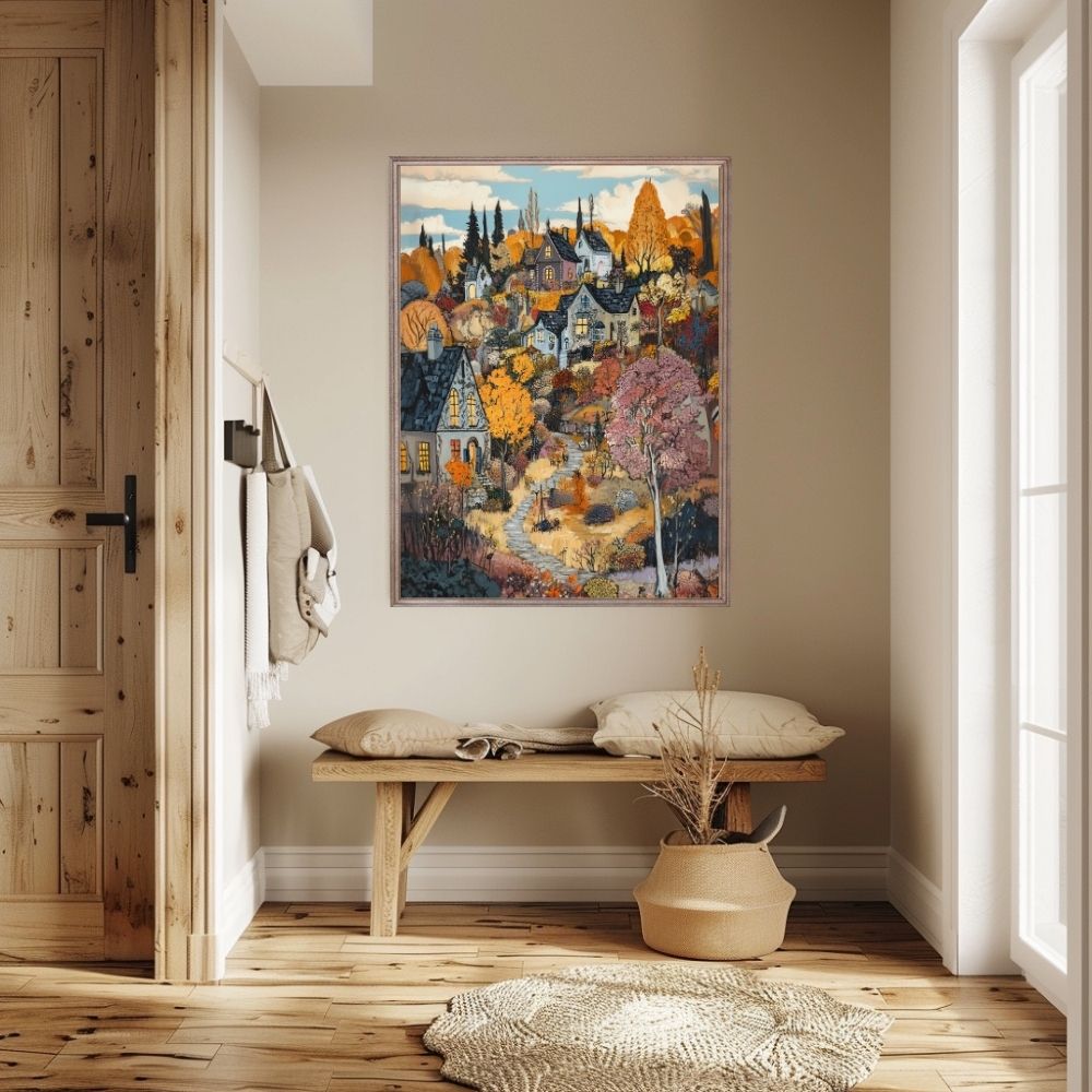 Charming Village Retreat – Autumn-Inspired Landscape Art Print - Infusion Home