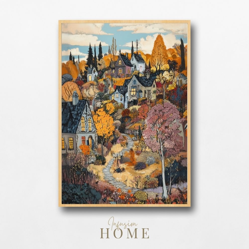 Charming Village Retreat – Autumn-Inspired Landscape Art Print - Infusion Home