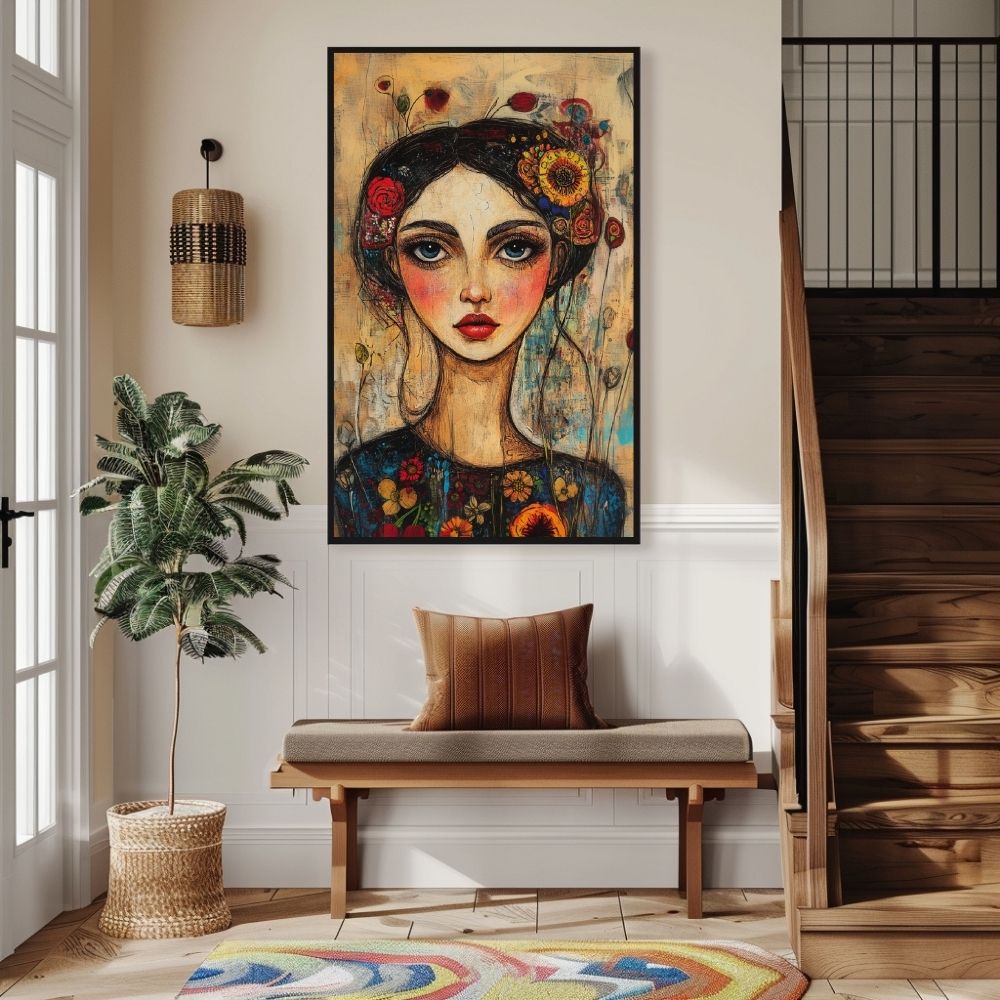 Dreamy Gaze – Whimsical Portrait with Floral Elements - Infusion Home