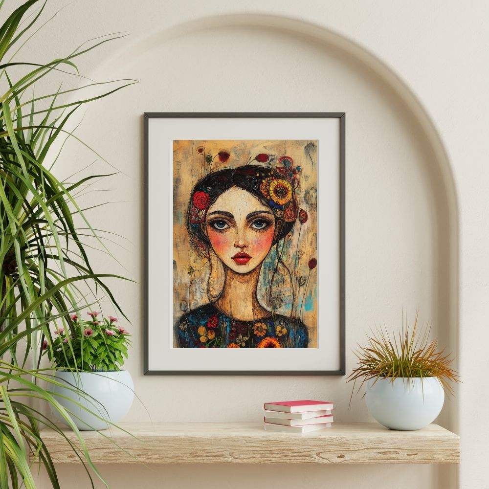 Dreamy Gaze – Whimsical Portrait with Floral Elements - Infusion Home