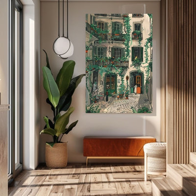Elegant Green Shutter Courtyard with Ivy-Draped Balconies