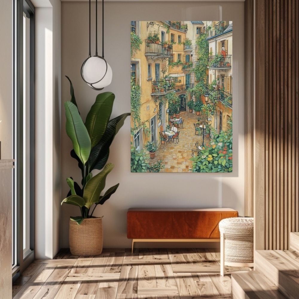 Courtyard Brunch with Ivy and French Village Architecture Digital Wall Art