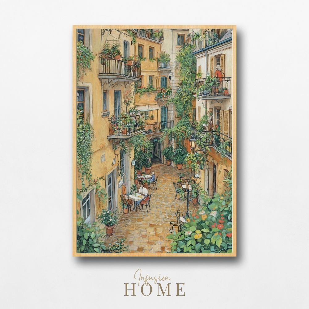 Courtyard Brunch with Ivy and French Village Architecture Digital Wall Art