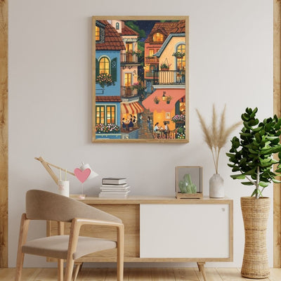 Evening Glow in a Hillside Village with Warmly Lit Cafes Digital Artwork