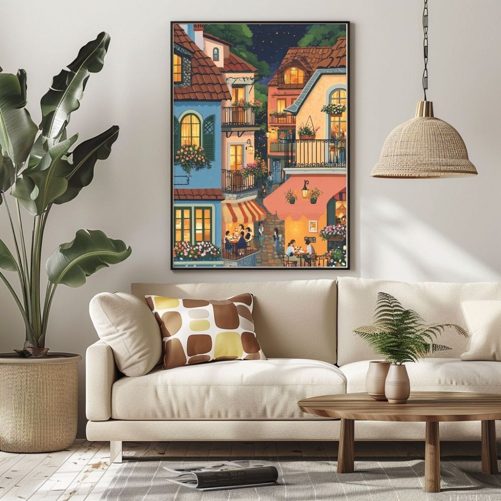 Evening Glow in a Hillside Village with Warmly Lit Cafes Digital Artwork