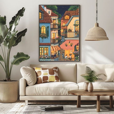 Evening Glow in a Hillside Village with Warmly Lit Cafes Digital Artwork