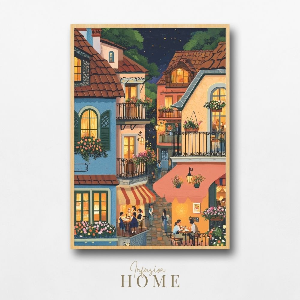 Evening Glow in a Hillside Village with Warmly Lit Cafes Digital Artwork