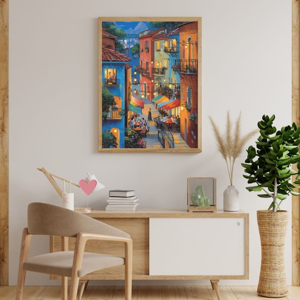 Evening Market Cafe with Flower Balconies Digital Wall Art