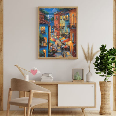 Evening Market Cafe with Flower Balconies Digital Wall Art