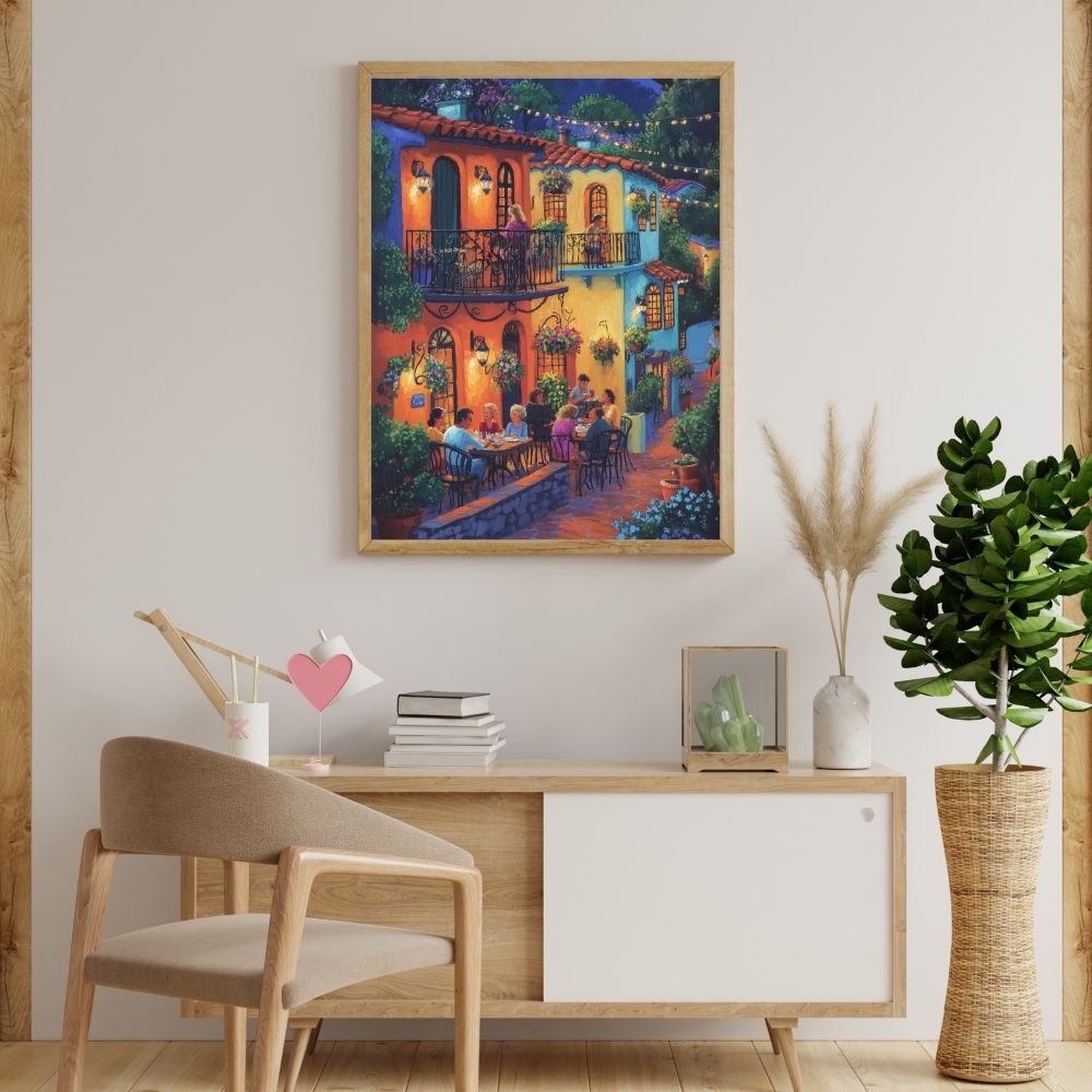 European Evening Terrace Cafe with Warm Glowing String Lights Printable