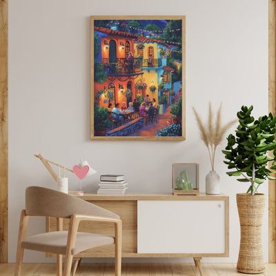 European Evening Terrace Cafe with Warm Glowing String Lights Printable
