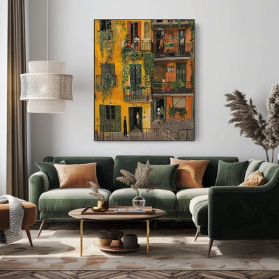 Golden Balconies and Courtyard in a Vibrant Village Scene