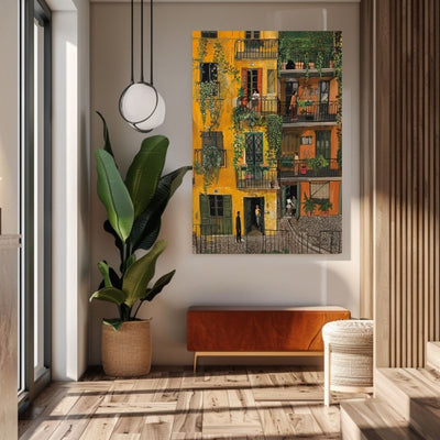 Golden Balconies and Courtyard in a Vibrant Village Scene