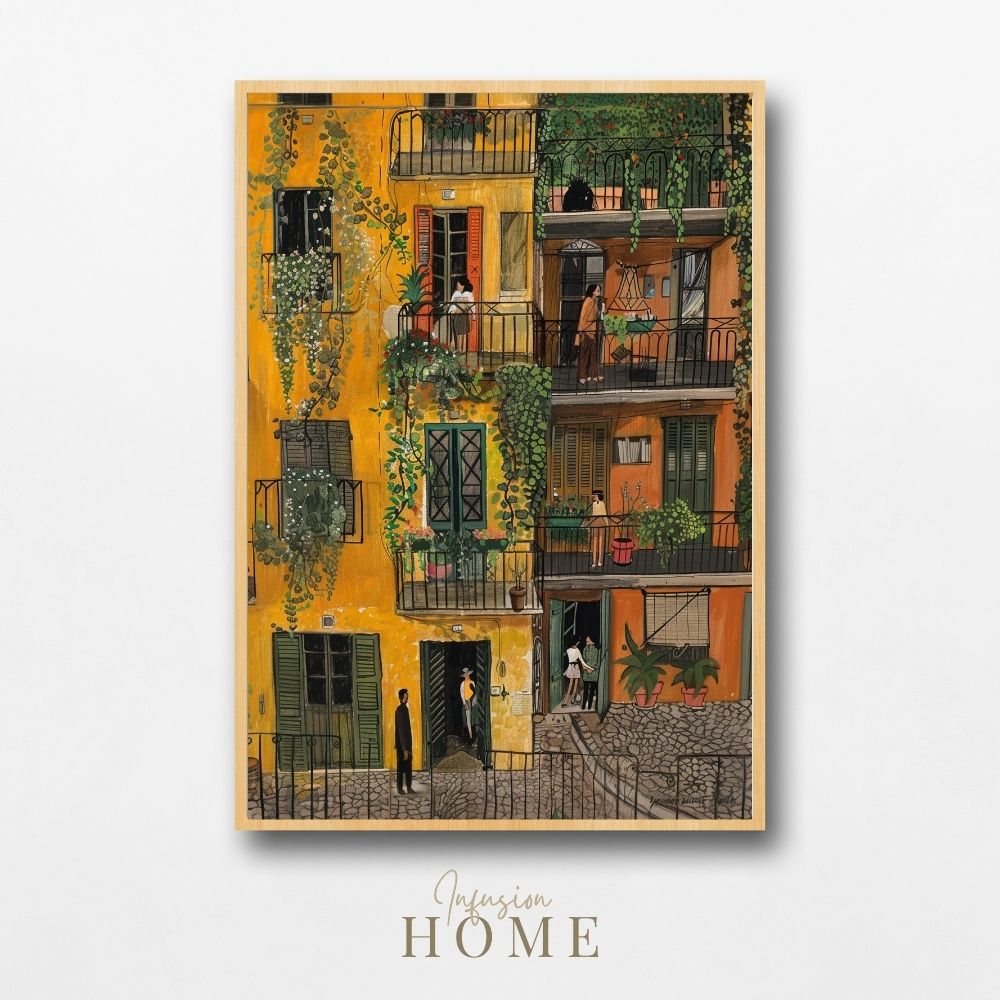 Golden Balconies and Courtyard in a Vibrant Village Scene