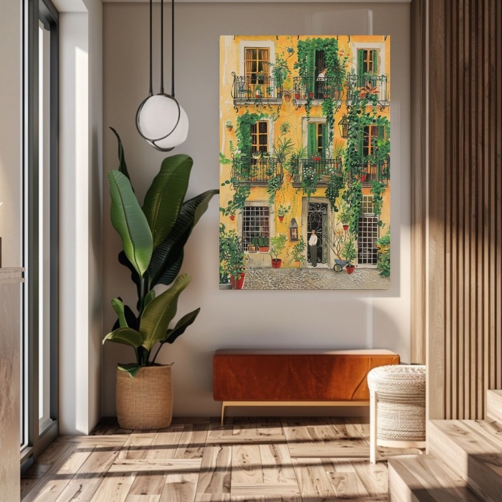 Golden Balcony Facade with Lush Greenery in a Vibrant Courtyard