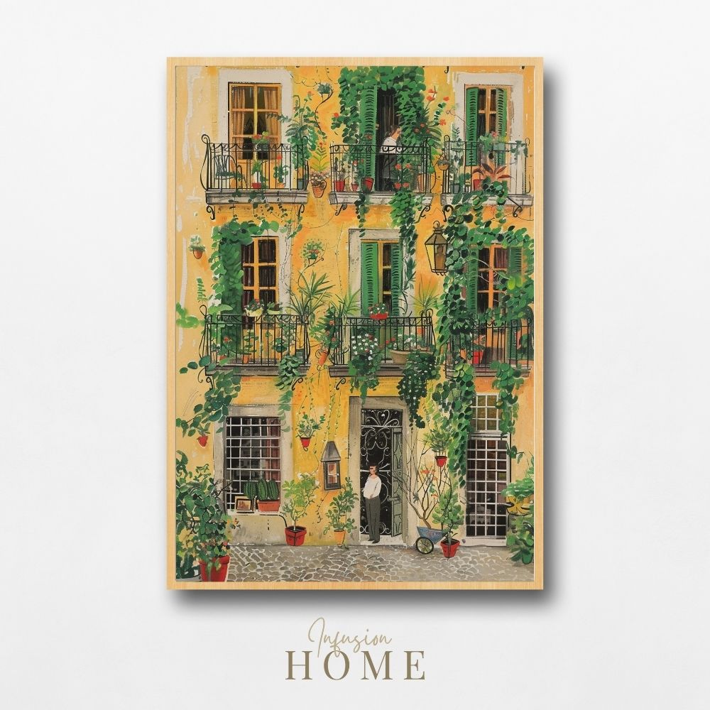 Golden Balcony Facade with Lush Greenery in a Vibrant Courtyard