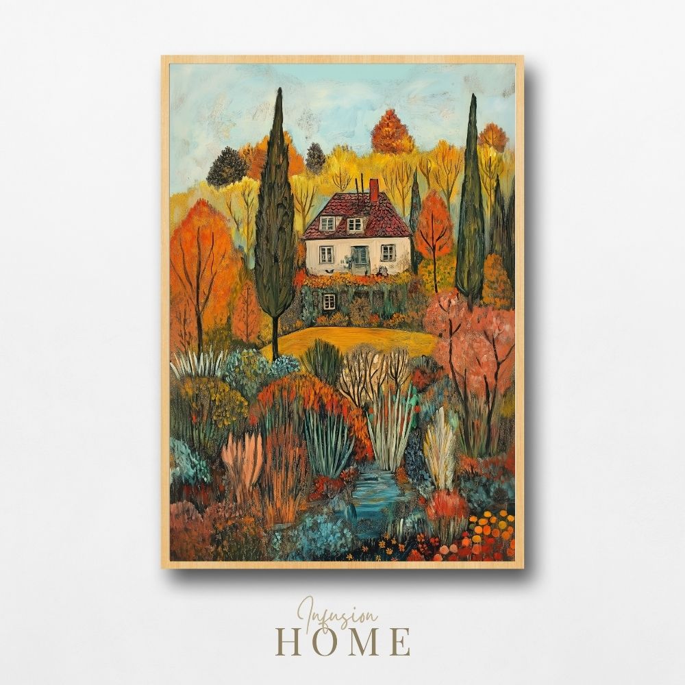 Golden Retreat – Serene Autumn Landscape with Vibrant Foliage - Infusion Home