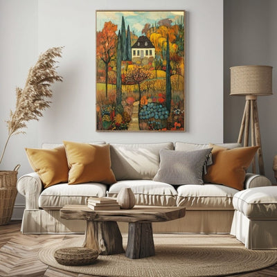 Golden Tranquility – Serene Cottage and Autumn Garden Art - Infusion Home