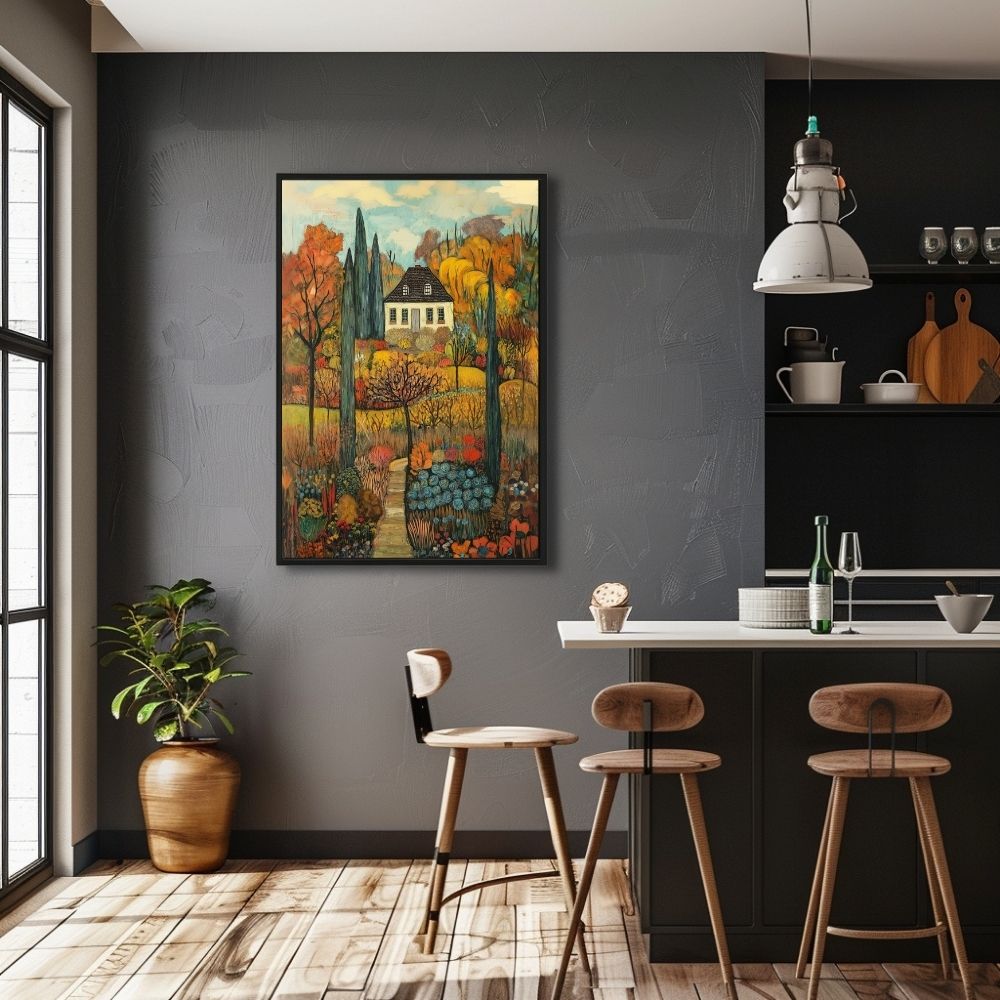 Golden Tranquility – Serene Cottage and Autumn Garden Art - Infusion Home