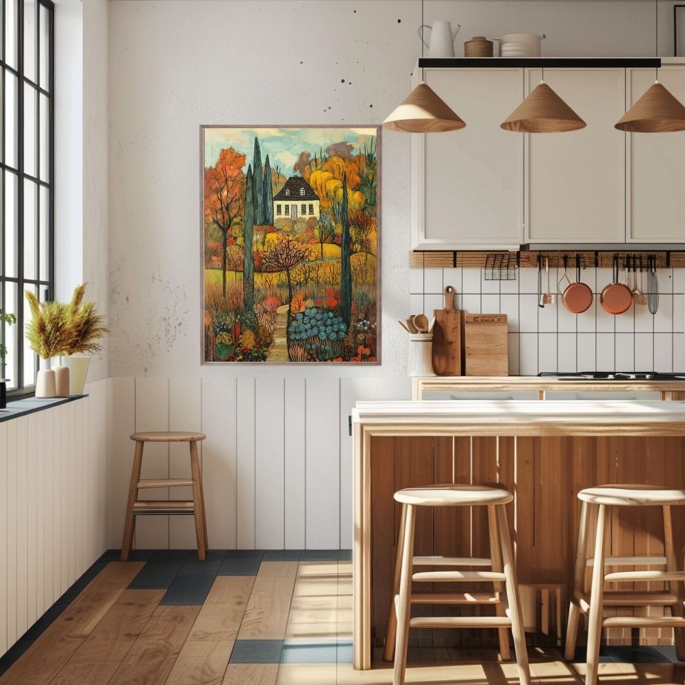 Golden Tranquility – Serene Cottage and Autumn Garden Art - Infusion Home