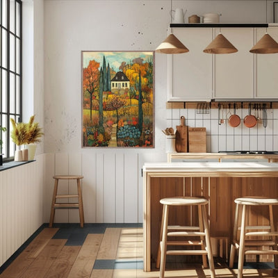 Golden Tranquility – Serene Cottage and Autumn Garden Art - Infusion Home