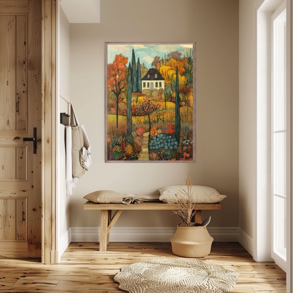 Golden Tranquility – Serene Cottage and Autumn Garden Art - Infusion Home