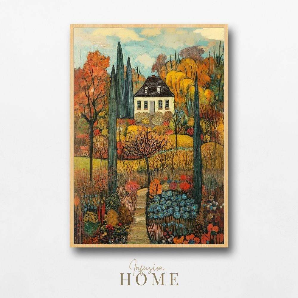 Golden Tranquility – Serene Cottage and Autumn Garden Art - Infusion Home