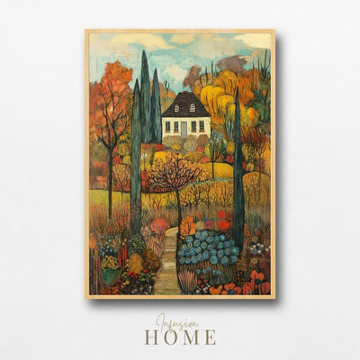 Golden Tranquility – Serene Cottage and Autumn Garden Art - Infusion Home