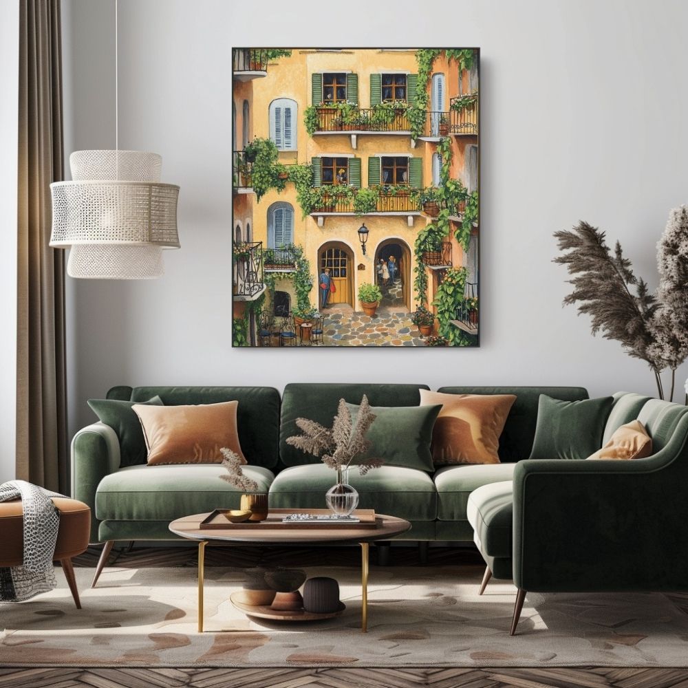 Golden French Courtyard with Ivy Covered Balconies and Cozy Cafe Tables Wall Art