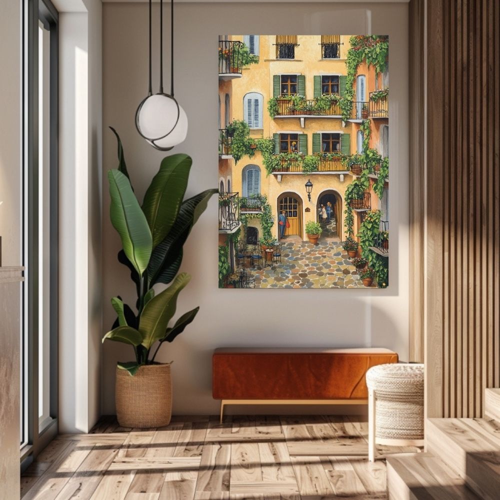 Golden French Courtyard with Ivy Covered Balconies and Cozy Cafe Tables Wall Art
