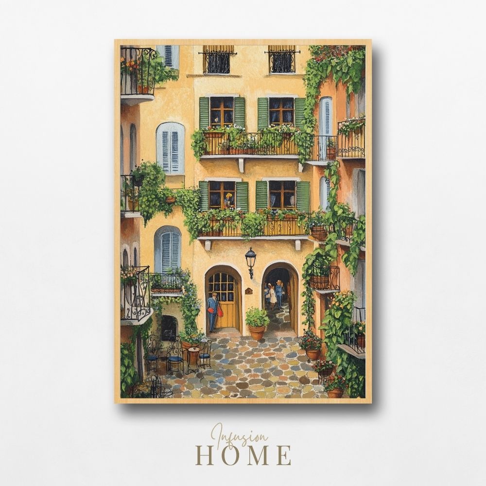 Golden French Courtyard with Ivy Covered Balconies and Cozy Cafe Tables Wall Art