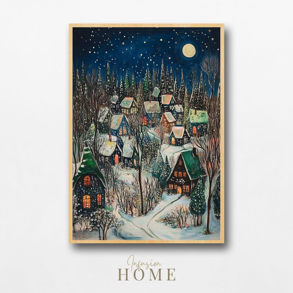 Moonlit Snowy Village in Winter Magic - Infusion Home