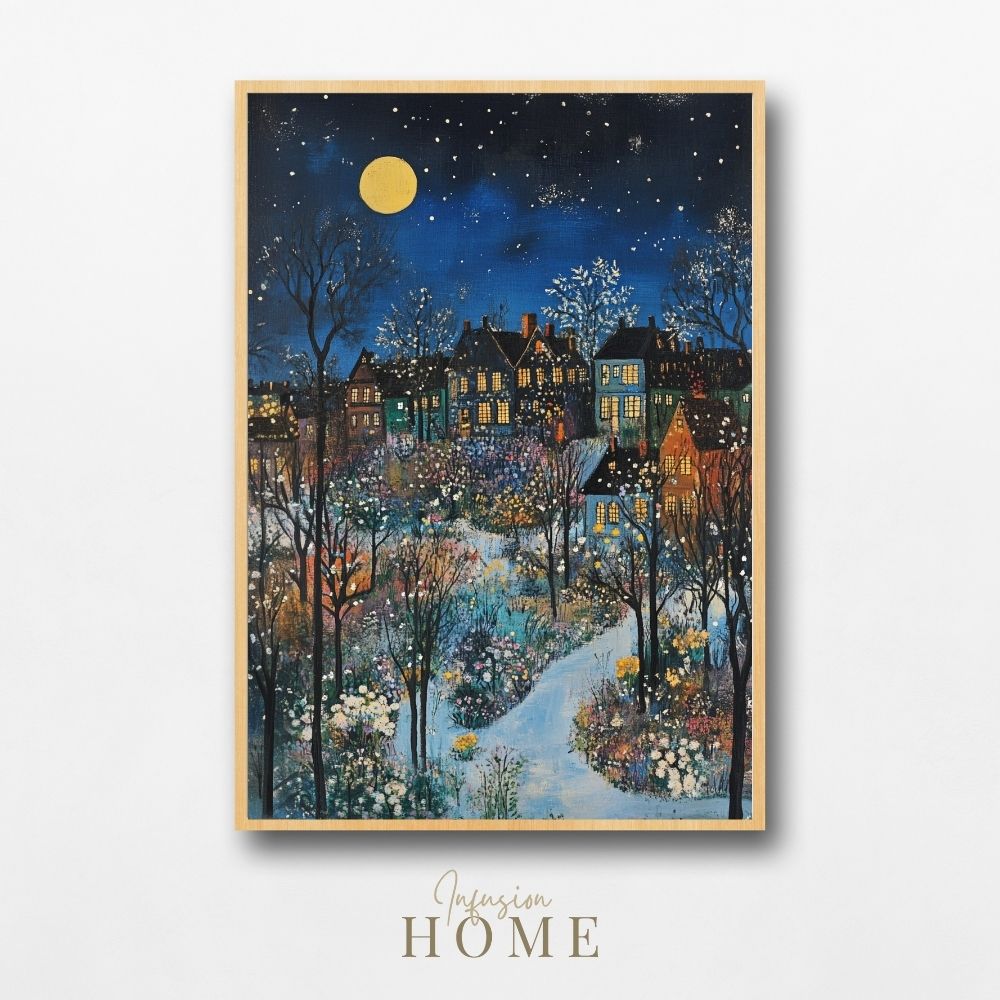 Moonlit Village Garden in Winter Bloom - Infusion Home